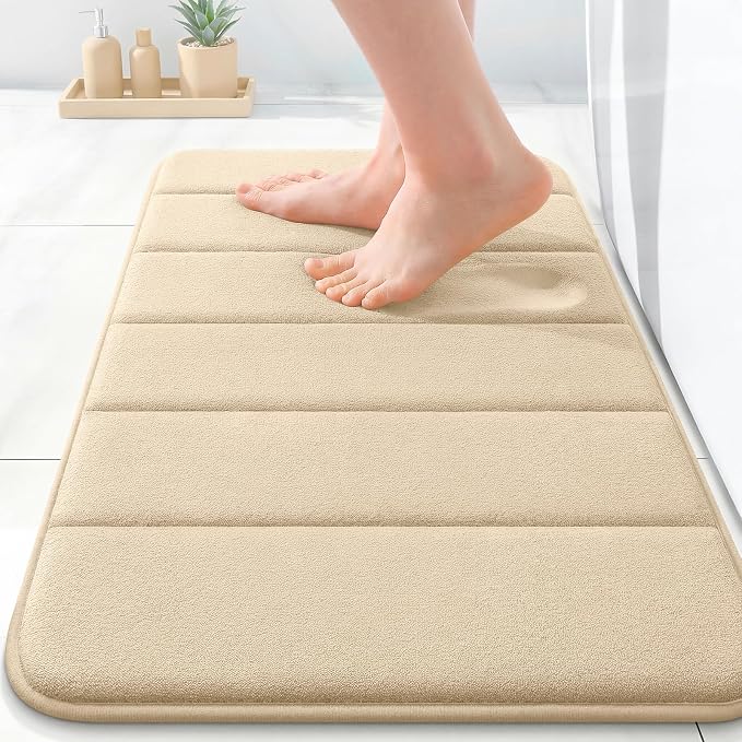 OLANLY Memory Foam Bath Mat 35x16, Super Soft Absorbent Bathroom Rugs, Quick Dry, Machine Washable Shower Floor Rugs, Bathmat Carpet, Bathroom Home Decor Accessories, Beige