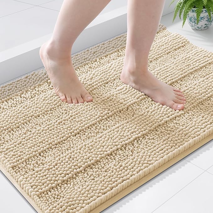 Grandaily Chenille Striped Bathroom Rugs 44x24, Extra Thick and Soft Absorbent Bath Mats, Rubber Backing, Plush Shaggy Shower Carpet, Machine Wash Dry, Bath Rug for Bathroom, Light Beige