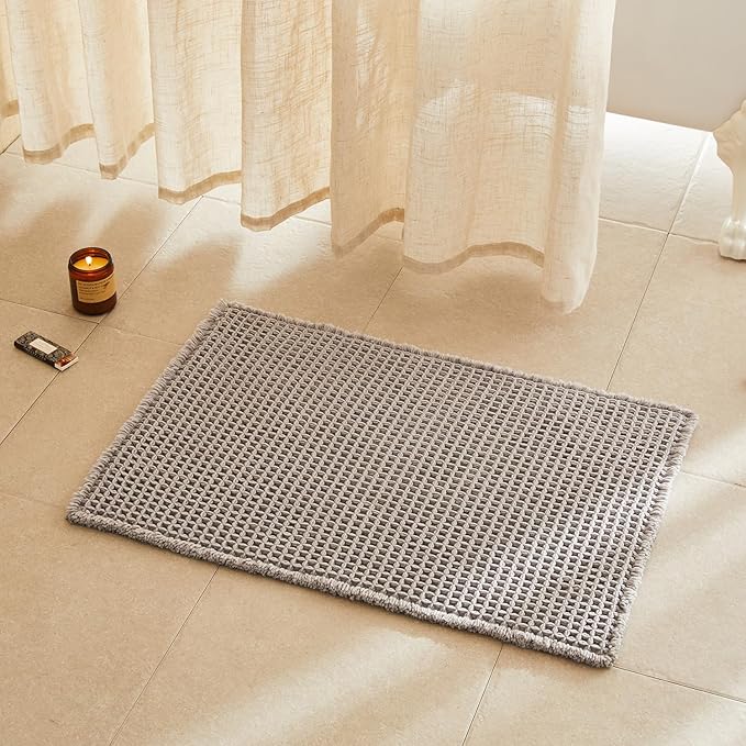 TYUU Waffle Bath Mat, Boho Bathroom Rugs Non Slip Washable Super Absorbent Quick Dry Bath Mat Farmhouse Bathroom Decor, 30"x20" Light Grey