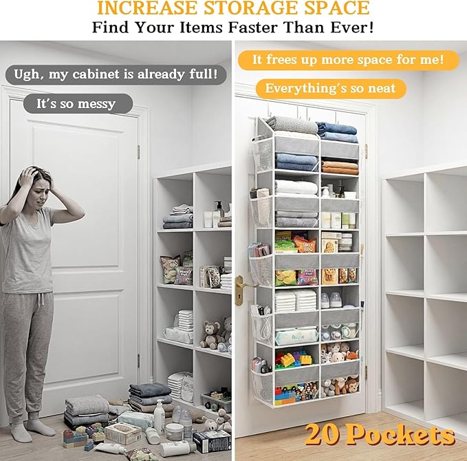 Over The Door Organizer, 5-Tier Extra Large Behind Door Storage with 10 Big Front & 10 Mesh Pockets, 80lb Capacity, Hanging Storage Organizer with Clear Window Kids Toys, Shoes, Diapers, Light Grey