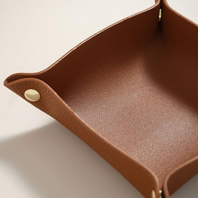 OLETHA Small Foldable Valet Tray - Aesthetic Desk Organizer for Home, Office & Travel - Portable Catch All Bowl for Keys, Jewelry & Essentials - Brown