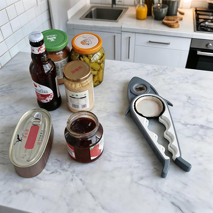 Jar Opener Bottle Opener for Arthritis, 5-in-1 Multifunctional Jar Opener, Easy to Use for Seniors and Weak Hands, Shark Shape Kitchen Gadget for jar, Beer and Bottle (Grey and White)