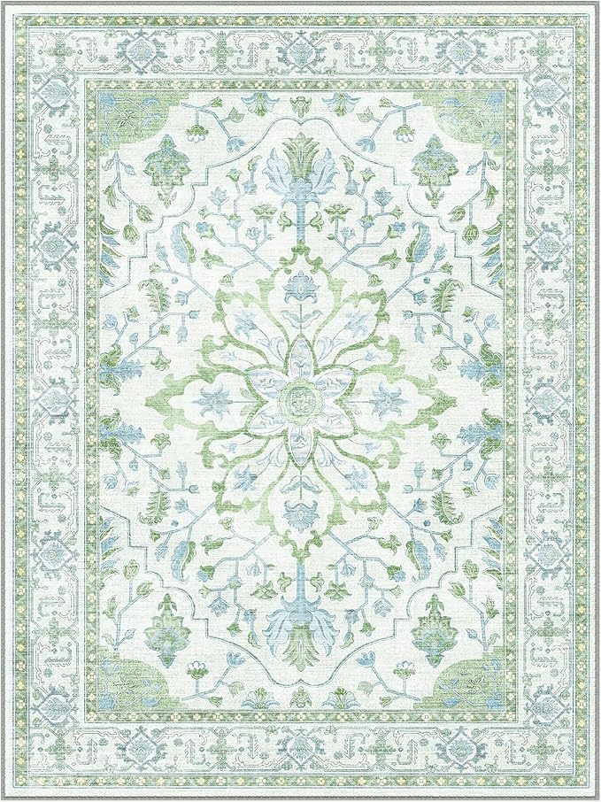 RELEANY Area Rugs 4'x5' Washable Non-Slip, Floral Vintage Distress Medallion Carpet for Living Room Bedroom Dining Room, Green White Blue