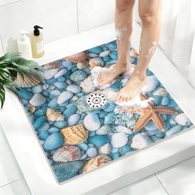 Square Shower Mat, Yonala 27 x 27 Inch Stylish Non Slip Shower Mats for Inside Shower with Central Drain Hole, Soft Trimmable PVC Loofah Anti Slip Shower Mat for Walk in Shower Stall, Quick Drying