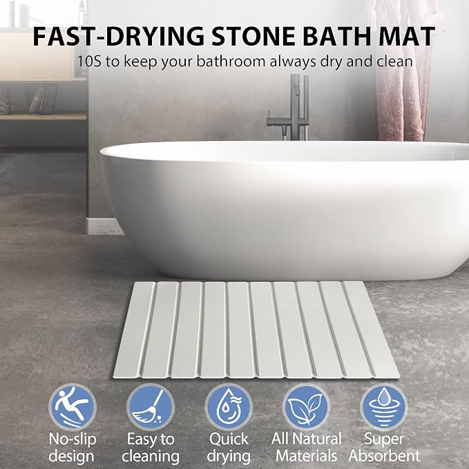 Foldable Stone Bath Mat, Quick Drying Diatomaceous Earth Shower Mat with Non-Slip Rubber Backing, 23.6 x 15.4 inch, Super Absorbent Stone Mat for Bathroom Floor, Easy to Clean