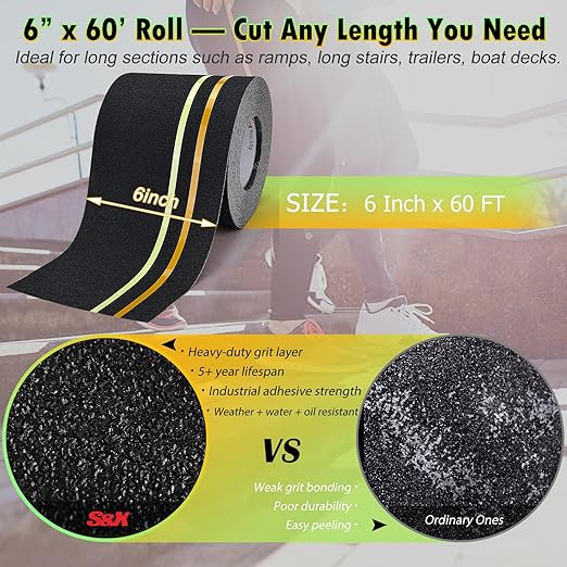 S&X Heavy Duty Anti Slip Tape 6 Inch x 60 Ft, High Traction Non Skid Grip Tape with Reflective & Glow-in-the-Dark Strips, Outdoor Stair Treads Non-Slip for Steps Ramps Boats Decks Long-Lasting