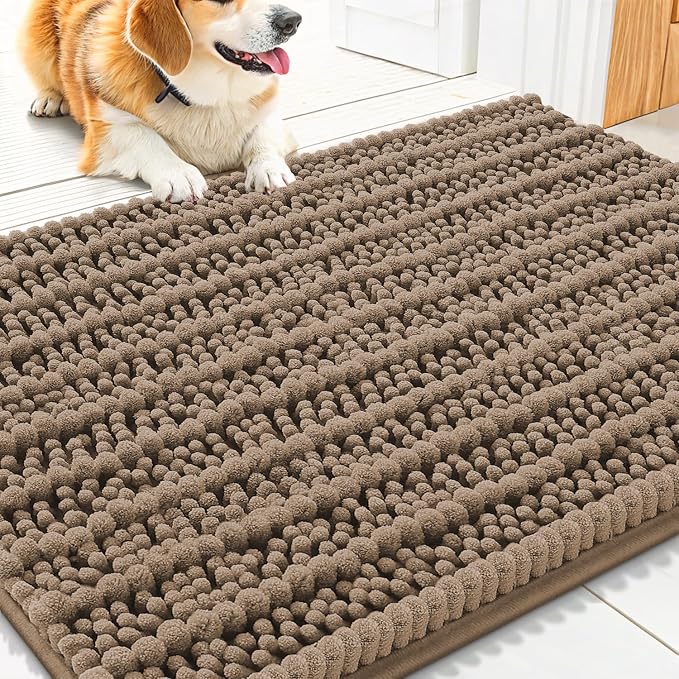 Smiry Dog Door Mat for Muddy Paws 30x20, Absorbent Dirt Trapper, Non-Slip Washable Chenille Entryway Rug for Inside Floor, Camel, Layered Pattern