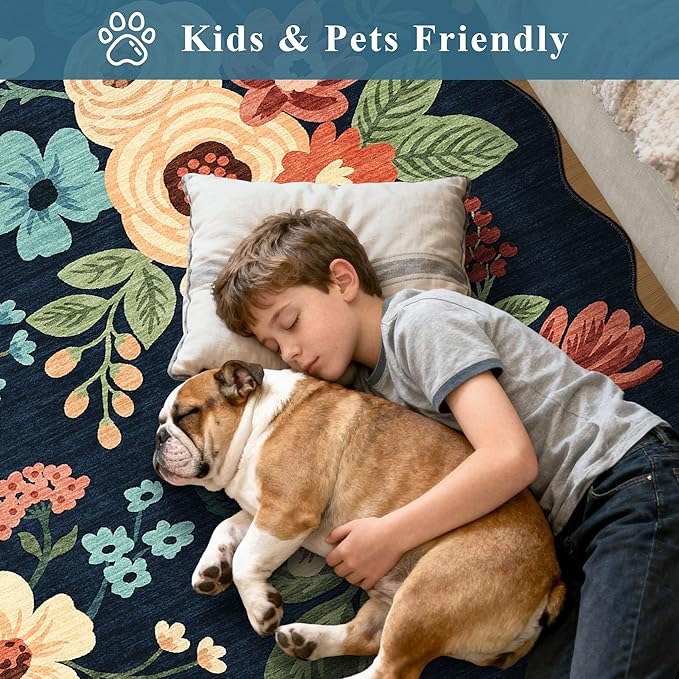 DUKINO Washable Runner Rug, 2x7 Lightweight Soft Floral Hallway Rug Runner with Low Pile Design, Non Shedding & Non Slip Backing Thin Indoor Carpet for Bedroom, Bathroom, Entrance, Kitchen, Navy Blue
