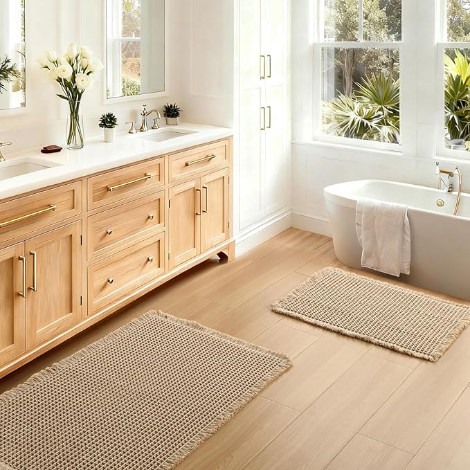 JIUZHEN Set of 2 Waffle Bath Mats Super Absorbent Boho Bath Rugs Non Slip Washable Bathroom Rugs Ultra Soft Machine Washable Shower Mats for Bathroom Floor, Tub, 16" x 24" +24" x 36", Brown