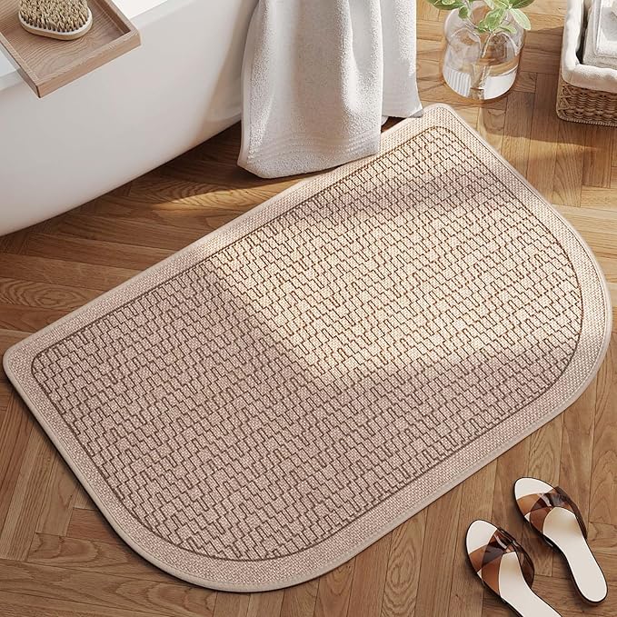 YDKGL Bathroom Rugs Mat 20x31, Non Slip Ultra Thin Bath Mat Quick Dry Absorbent Washable Half Round Bath Mats for Bathroom Floor Rubber Backed Fit Under Door Brown