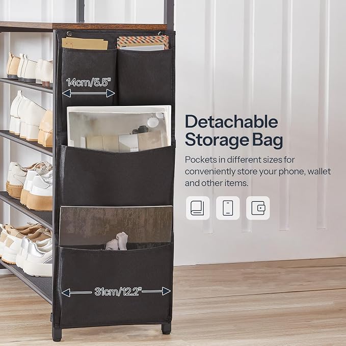 HOOBRO Hall Tree with Bench, Entryway Coat Rack with Shoe Rack, 39.4" Shoe and Coat Rack, 5 Tier Shoe Storage Organizer with Oxford Fabric Side Pockets, Adjustable Mesh Shelves, Rustic Brown BF76MT01