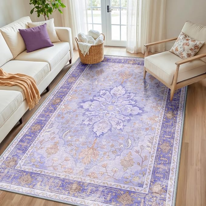 RELEANY Area Rugs 5'x8' Washable Non-Slip, Floral Vintage Distress Medallion Carpet for Living Room Bedroom Dining Room, Light Purple Brown