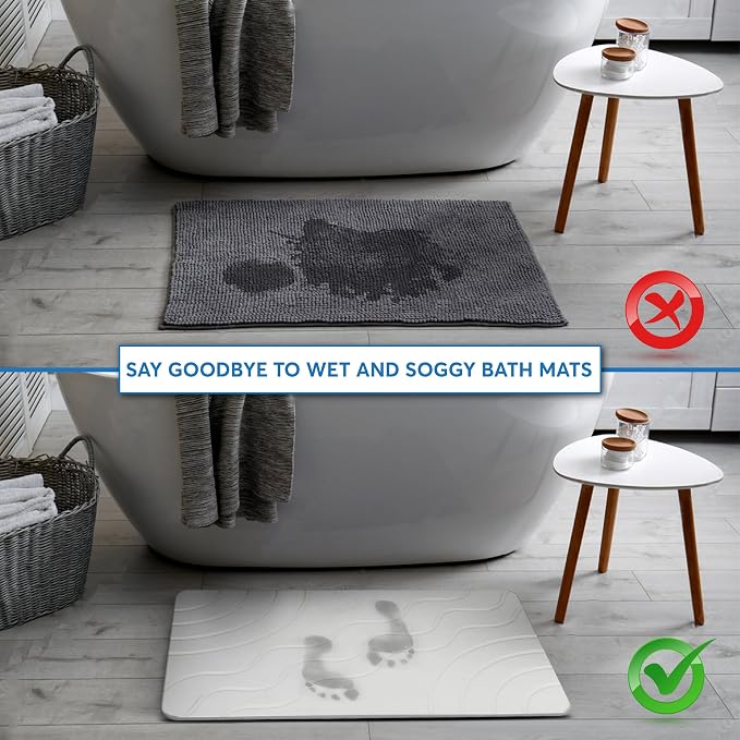 Stone Bath Mat Quick Drying Diatomaceous Earth Bath Mat Non Slip Shower Mat Super Absorbent Stone Bath Mats for Bathroom, Floor, Kitchen Counter, Easy to Clean (23.6” X 15.3”, White)
