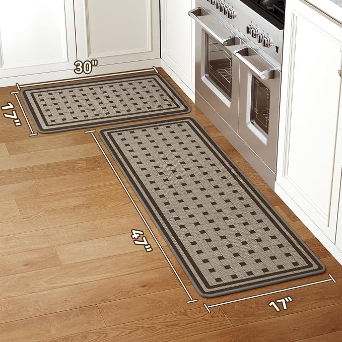 Kitchen Mats for Floor, 17''x30''+17''x47''Kitchen Rugs Set of 2, Washable Absorbent Non Slip Kitchen Mat, Braided Kitchen Runner Rug, Kitchen Sink Rug, Brown