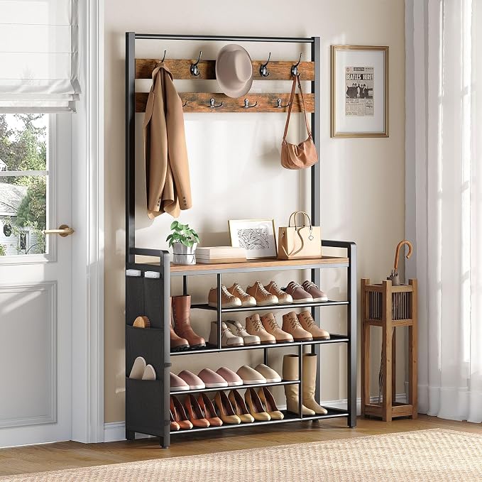 HOOBRO Hall Tree with Bench, Shoe Rack with Coat Rack, 39.4" Coat Rack with Shoe Storage, 5 Tier Shoe Storage Organizer, Oxford Fabric Side Pockets, Coat and Shoe Rack Entryway, Rustic Brown BF46MT01