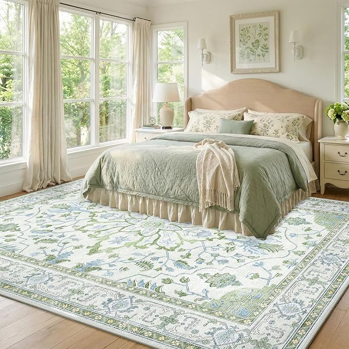 RELEANY Area Rugs 7'x9' Washable Non-Slip, Floral Vintage Distress Medallion Carpet for Living Room Bedroom Dining Room, Green White Blue