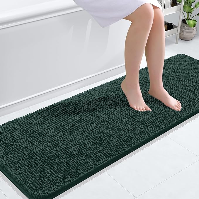 OLANLY Bathroom Runner Rugs 59x20, Soft Absorbent Chenille Bath Rugs, Rubber Backing Quick Dry, Machine Washable Long Bath Mats for Bathroom, Tub and Shower, Home Decor Accessories, Blackish Green
