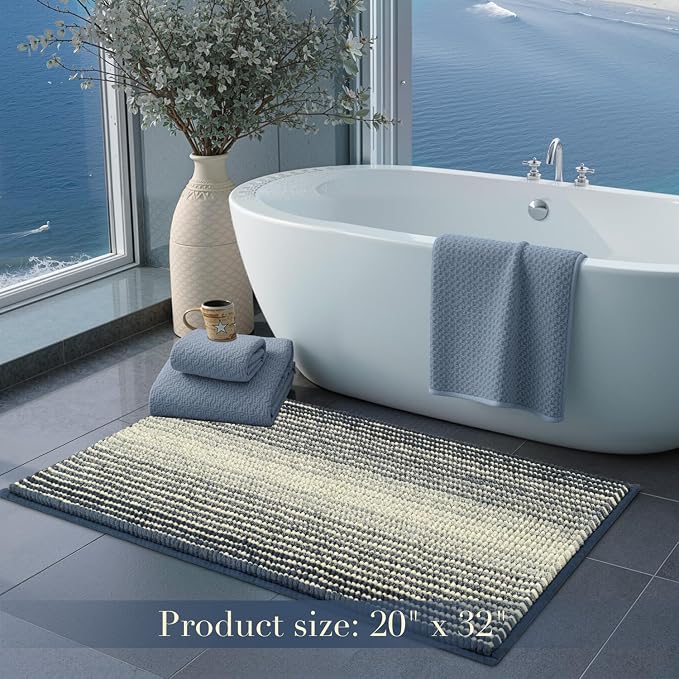 BSICPRO Bath Mat Rug for Bathroom, Non Slip 20 x 32 Inches, Water Absorbent Chenille, Machine Washable (Haze Blue)