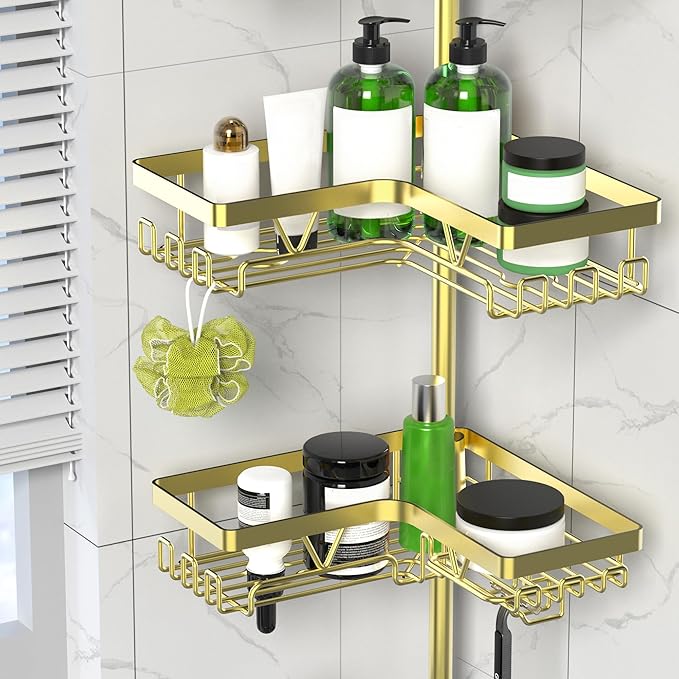 DAOYA Shower Caddy Tension Pole - Gold Corner Shower Caddy Stainless Steel Bathroom Shower Organizer for Tub Tension Rod Corner Shower Shelves(25-114inch)