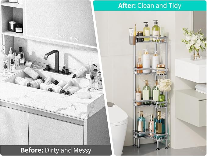 HapiRm Standing Shower Caddy Corner - 4 Tier Corner Shower Organizer with Toothbrush Holder and 16 Hooks, Large Capacity Rustproof Bathroom Shelves for Tall Bottles, Silver