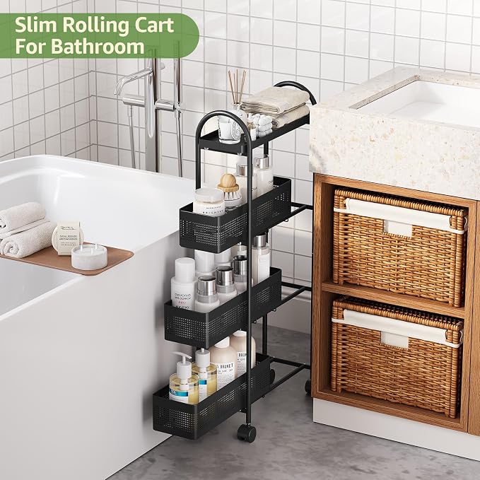 KINGRACK 4-Tier Slim Storage Cart with 3 Pull Out Basket, Rolling Bathroom Organizer Utility, Metal Shelving Unit Slide Out, Lockable Wheels, Easy Assembly for Narrow Place, Kitchen, Office, Black