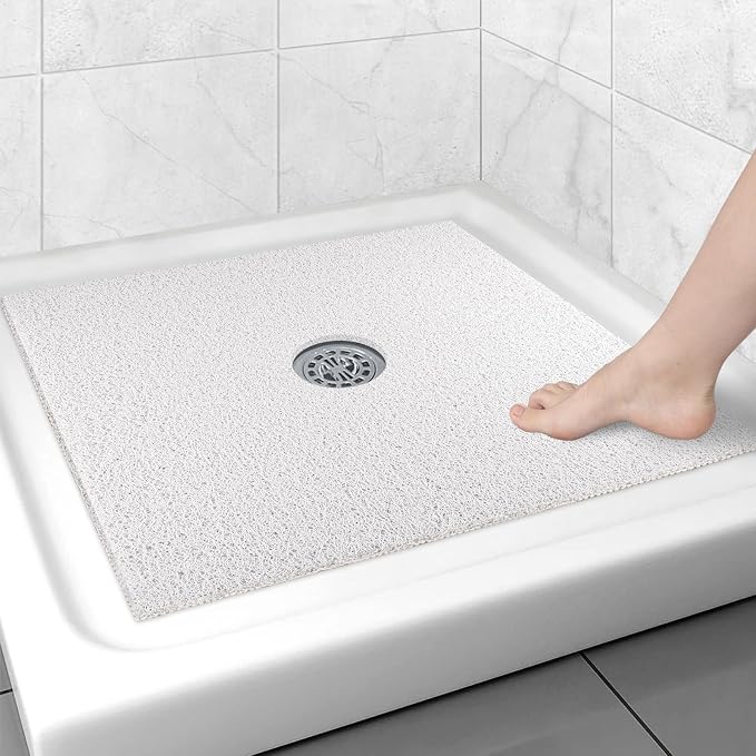 Square Shower Mat Non Slip: 27x27 Inch Extra Large Shower Floor Mat with Drain Hole in Middle - Soft PVC Loofah Bath Mat for Shower - Anti Slip Shower Stall Mat for Elderly and Kids