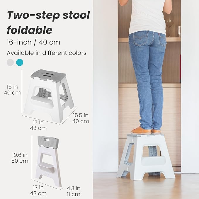 Vigar Compact Folding Step Stool - 16 Inch 2 Step Foldable Step Stool for Adults, Lightweight Portable Stool with Handle, Non Slip Step Stool, Space-Saving Stool up to 330 lb - Gray