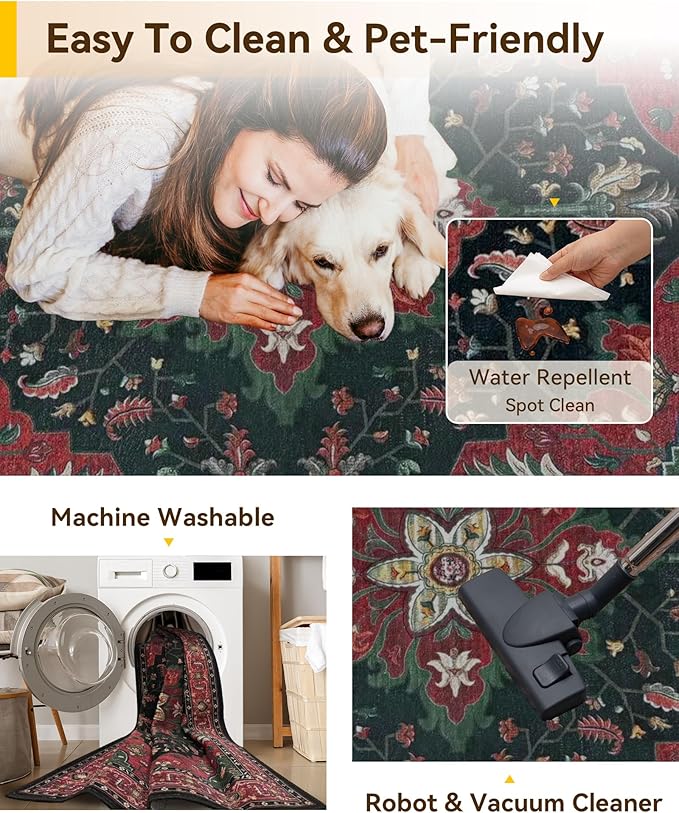 RELEANY Area Rugs Small 2'6"x4' Washable Non-Slip, Floral Vintage Distress Medallion Carpet for Kitchen Entryway Bathroom, Red Black