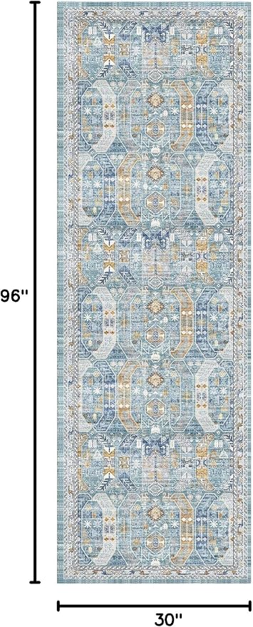 Madane Runner Rug 2'6''x8' Kitchen Runner, Hallway Runner Printed Vintage Washable Rugs Soft Non-Slip Low Pile Runners for Hallways Laundry Room Distressed Carpet, Blue/Gold