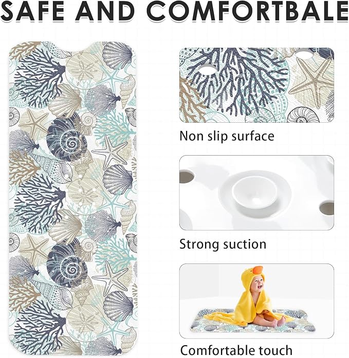 Cute Seashells Sea Shell Bath Mat Non Slip, Ocean Starfish Beach 40X16 Inch Extra Long Bathtub Shower Mat for Tub Anti Slip with Suction Cups and Drain Holes for Kid Adult Elderly