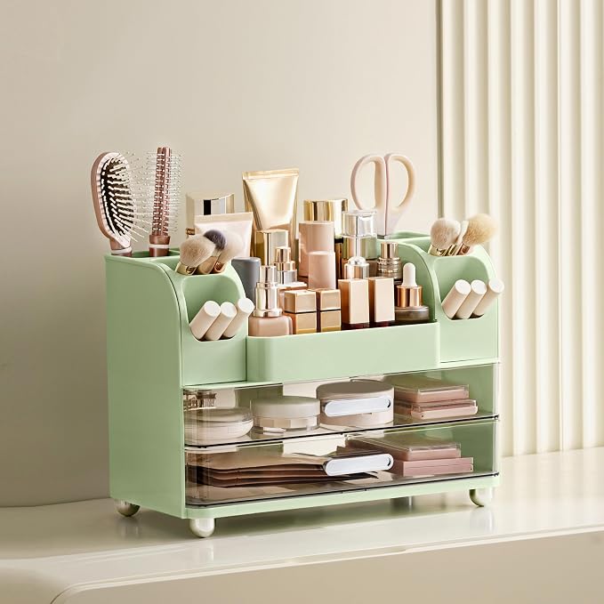 HBlife Makeup Organizer for Vanity with Brush Holder, Large Bathroom Countertop Cosmetic Organizer Skin Care Storage, Easy to Store Lipsticks, Nail Polishes, Perfumes, Eyeshadow Palettes, Green