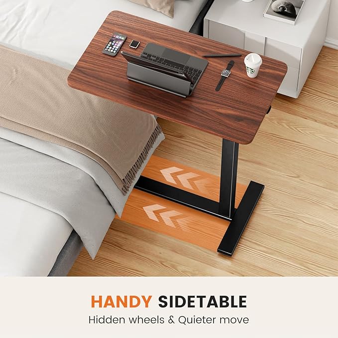 Sweetcrispy Overbed Bedside Table with Wheels Adjustable Hospital Home Use Rolling Laptop Mobile Standing Space Saving Durable Frame Side Storage Shelf Easy Assembly Chocolate