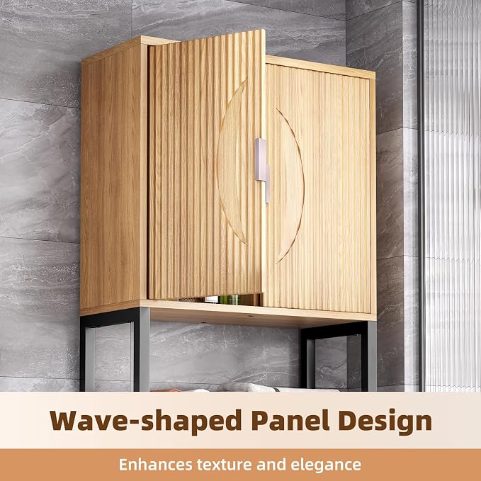 Kalrin Over The Toilet Storage Cabinet with Fluted Wave Doors and Adjustable Shelf, Wood Over Toilet Storage Rack with Drain Basket, Freestanding Bathroom Organizer for Balcony Laundry, Wood & Black