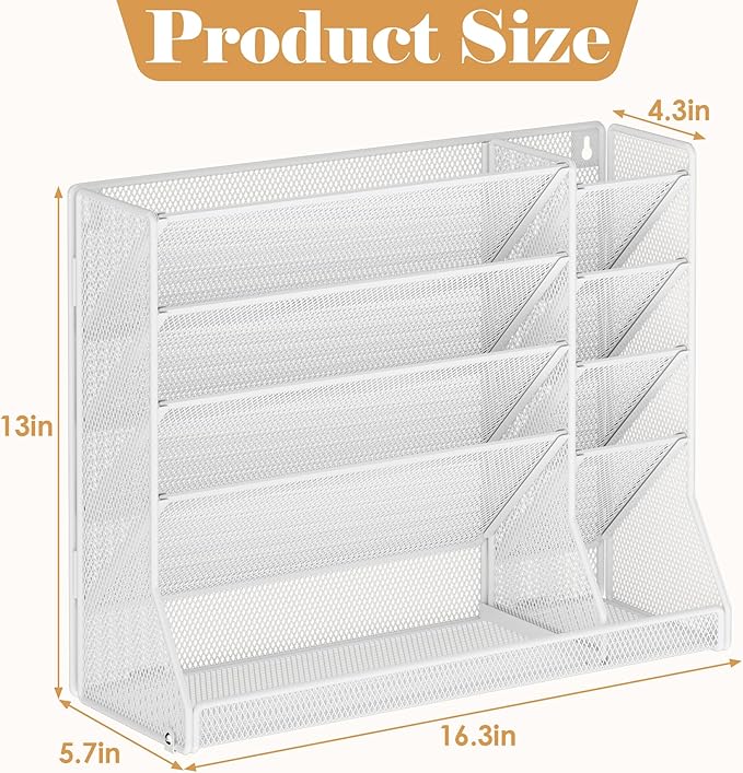 Jakyitvi Wall File Organizer, 5-Tier Hanging Wall File Organizer with R-shaped Bottom Tray, Desk Organizer with 4 Tiers Durable Adjustable Metal & 4 Pen Slots Stable, Wall Organizer for Office, White