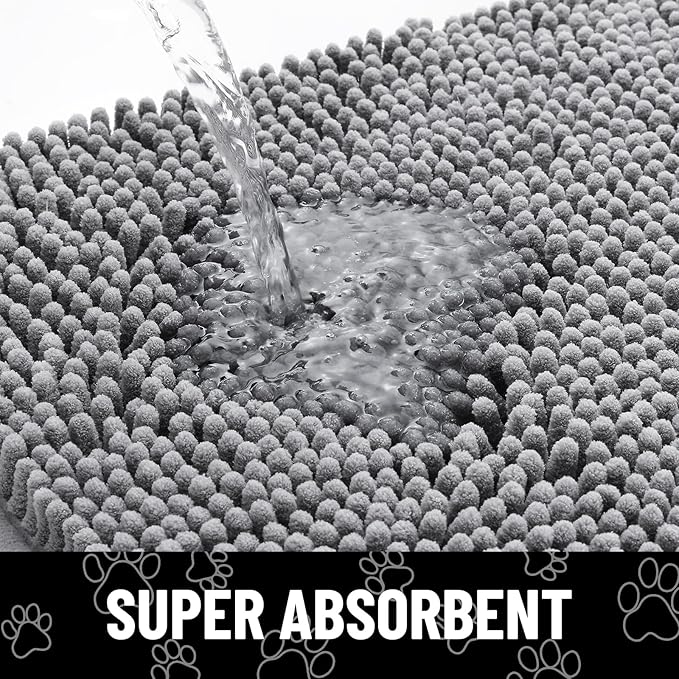 Smiry Dog Door Mat for Muddy Paws, Absorbent Dirt Trapper Non Slip Quick Dry Washable Chenille Mat for Mud Dogs, Entry Rug for Indoor and Outdoor (34x21 Inches, Grey and Black)