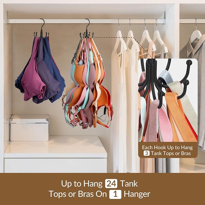 ZEDODIER Tank Top Hanger, 2 Pack Rotatable Bra Organzier for Closet, Max 48 Storage Capacity Sport Bras Holder, Metal Space Saving Closet Organizers and Storage, Black