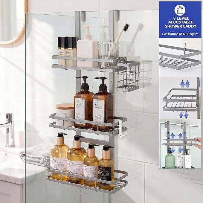 Over the Door Shower Caddy Hanging, Rustproof Shower Shelves with Waterproof Phone Pouch, Adjustable Bathroom Organizers and Storage, No Drilling Shampoo Soap Shelf (Silver 3-Tier)