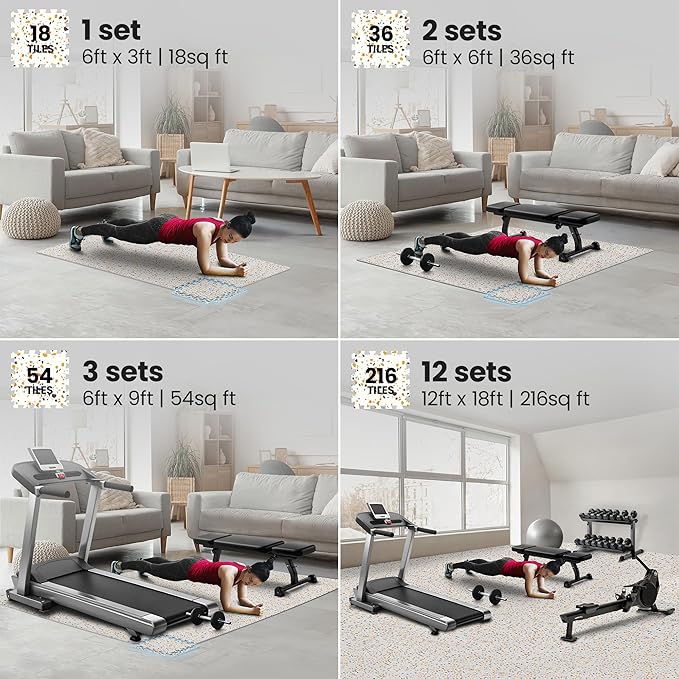 bemaxx Gym Mats Set - 18 pcs EVA Interlocking Foam Floor Tiles (12.6"x12.6"x0.4") 18sqft Protective Gym Flooring Sports Home Workout Exercise Mats Puzzle Garage Fitness Play-Room Pool Treadmill Bike