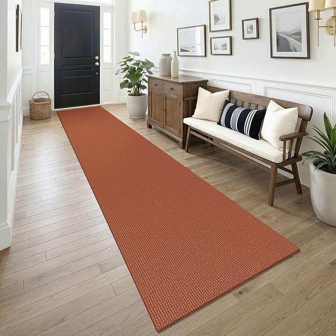 KOZYFLY Orange 2.5'x14' Runners Rugs for Hallway, Long Washable Runner Rug, Woven Non Slip Kitchen Runner, Flatweave Entryway Rug, Floor Carpet for Entry, Aisle, Hall, Burnt Orange/Tan