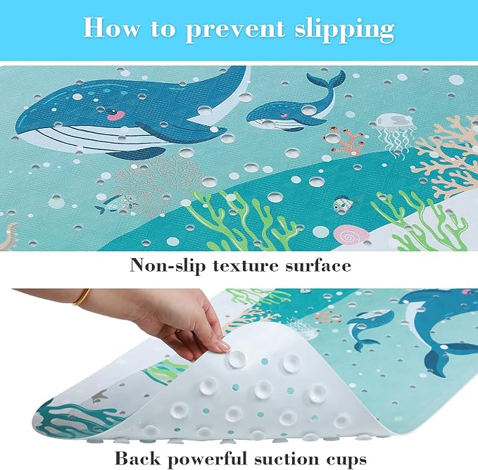Secopad Bath Mat for Tub Non Slip, Machine Washable Anti-Slip Cartoon Baby Bathtub Shower Mat with Drain Holes and Suction Cups for Toddler & Kids (40 Inch x 16 Inch-Rectangular, 2-Whales)
