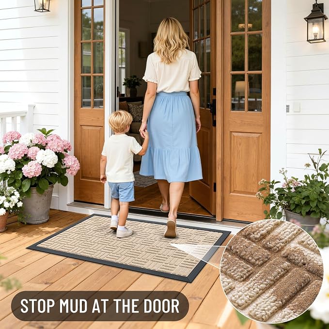 OLANLY Front Door Mat Outside Entrance 47x32, Absorbent, Heavy Duty Sturdy Natural Rubber Doormat Indoor Outdoor, Non-Slip, Stain and Fade Resistant, Low Profile Floor Mat for Entryway, Latte White