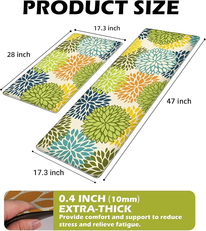 Kitchen Mats Set of 2 Cushioned Anti Fatigue Kitchen Rugs Mats Non Slip Waterproof Kitchen Runner Memory Foam Floor Mat Comfort Standing Mat for Sink,Office,Laundry, Multi Green