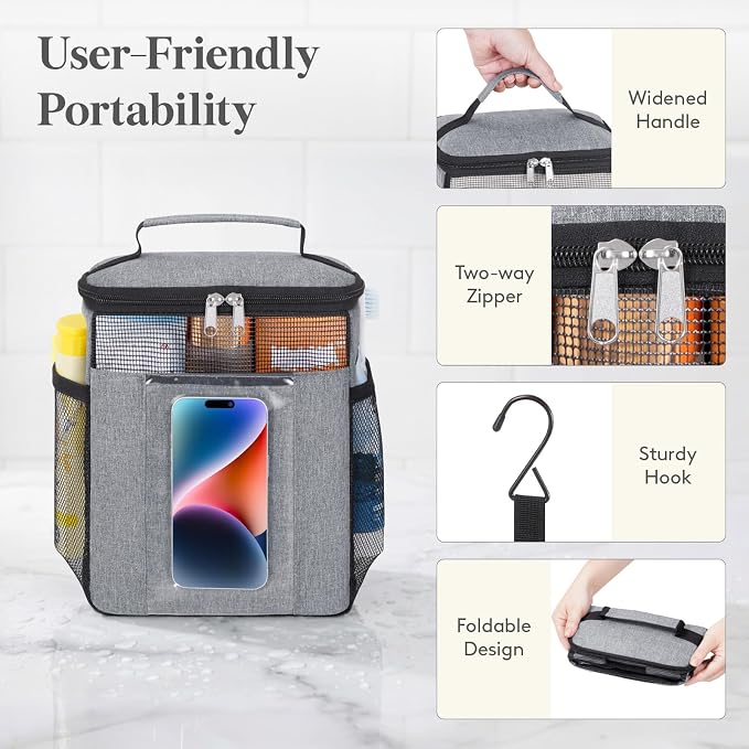 Lifewit Mesh Shower Caddy Bag Portable, Quick Dry Hanging Bathroom Organizer with PVC Phone Bag, College Dorm Room Essentials for Travel, Gym, Camping, Toiletry Tote for Women Men, Medium, Grey