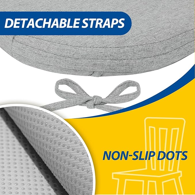 AAAAAcessories D-Shaped Chair Cushions, 2" Thick Dining Chair Pads with Ties and Removable, Machine-Washable Cover, 17" x 16", Set of 2, Light Gray