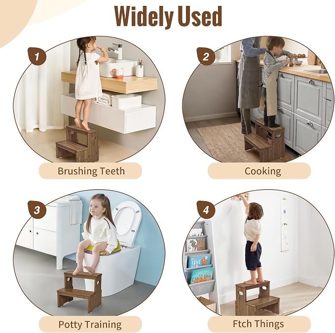 Two Step Stool for Adults and Kids, 450lbs Heavy Duty Step Stool, Bamboo Step Stool for High Beds, Portable Helper Step Stairs for Kids, for Kitchen, Bathroom, RV, Bedside Step Stool, Walnut
