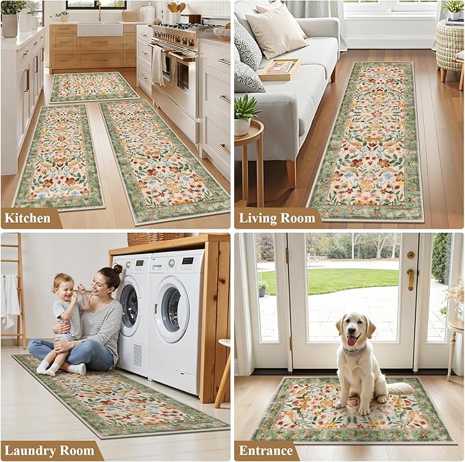 HEBE Boho Kitchen Rugs Sets of 3, Non Slip Washable Kitchen Mats for Floor, Farmhouse Kitchen Carpet Runner Rug Set for Sink, Stove, Laundry Room & Hallway