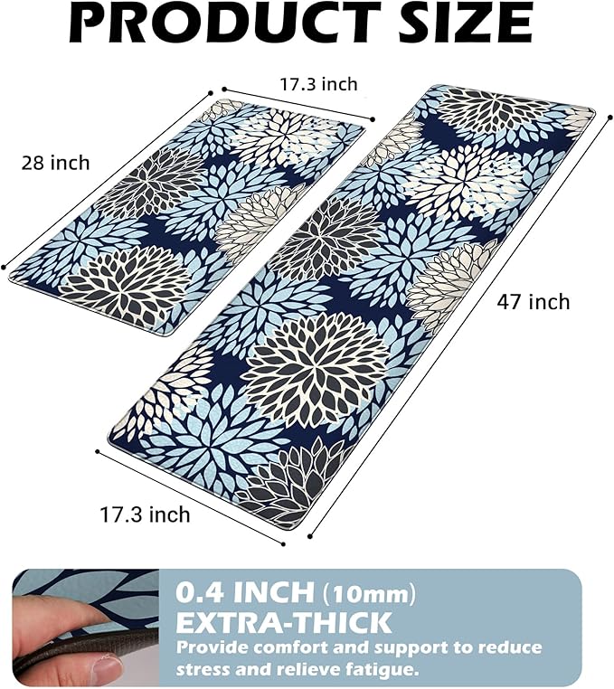 Kitchen Mats Set of 2 Cushioned Anti Fatigue Kitchen Rugs Non Slip Waterproof Kitchen Runner Memory Foam Kitchen Floor Mat Comfort Standing Mat for Sink,Office,Laundry, Navy Blue