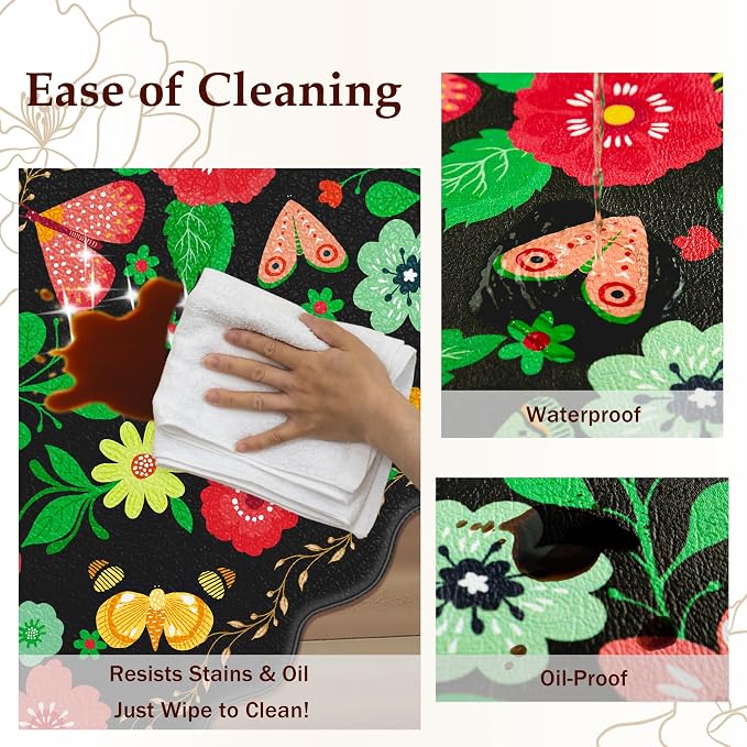 Arenarug Scalloped Black Kitchen Mats for Floor Cushioned Anti Fatigue Kitchen Mats Rugs Waterproof Non Slip Farmhouse Boho Floral Comfort Foam Standing Mat for Sink Laundry, 17.3x47