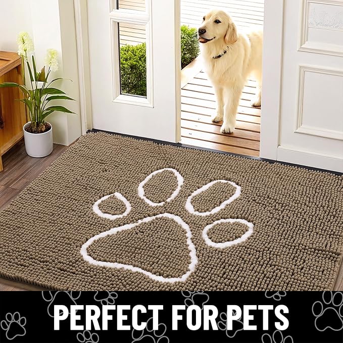 Smiry Dog Door Mat for Muddy Paws, Absorbent Dirt Trapper Non Slip Quick Dry Washable Chenille Mat for Mud Dogs, Entry Rug for Indoor and Outdoor (70x24 Inches, Camel and Black)