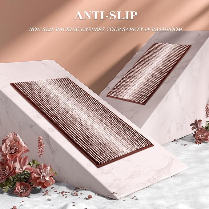 Bathroom Rugs and Mats Sets, 2 Piece Thick Absorbent Chenille Bath Mat Rug Set Non Slip, Soft Shaggy Bath Room Floor Mats for Bathroom, Machine Washable (Burgundy Red, 20" x 47" Plus 20" x 32")